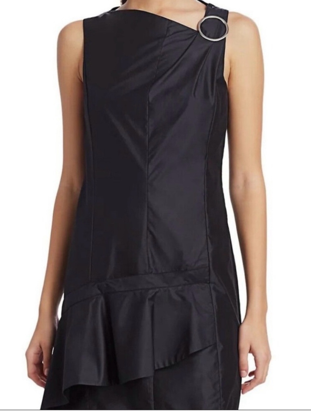 3.1 Phillip Lim Asymmetrical Black Mini Dress with Decorative Silver Ring